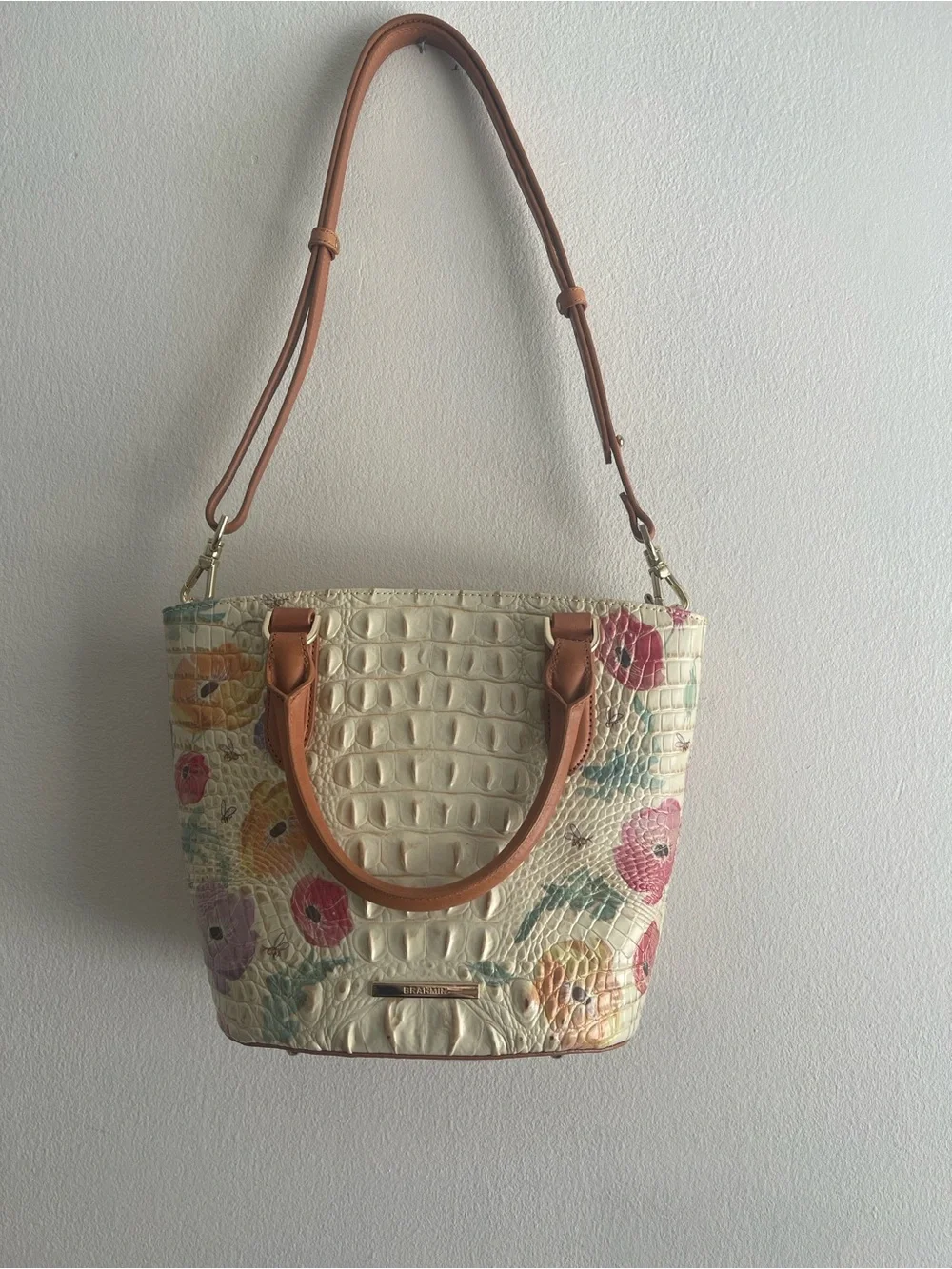 Brahmin Cream Floral Croc-Embossed Shoulder Bag with Tan Accents